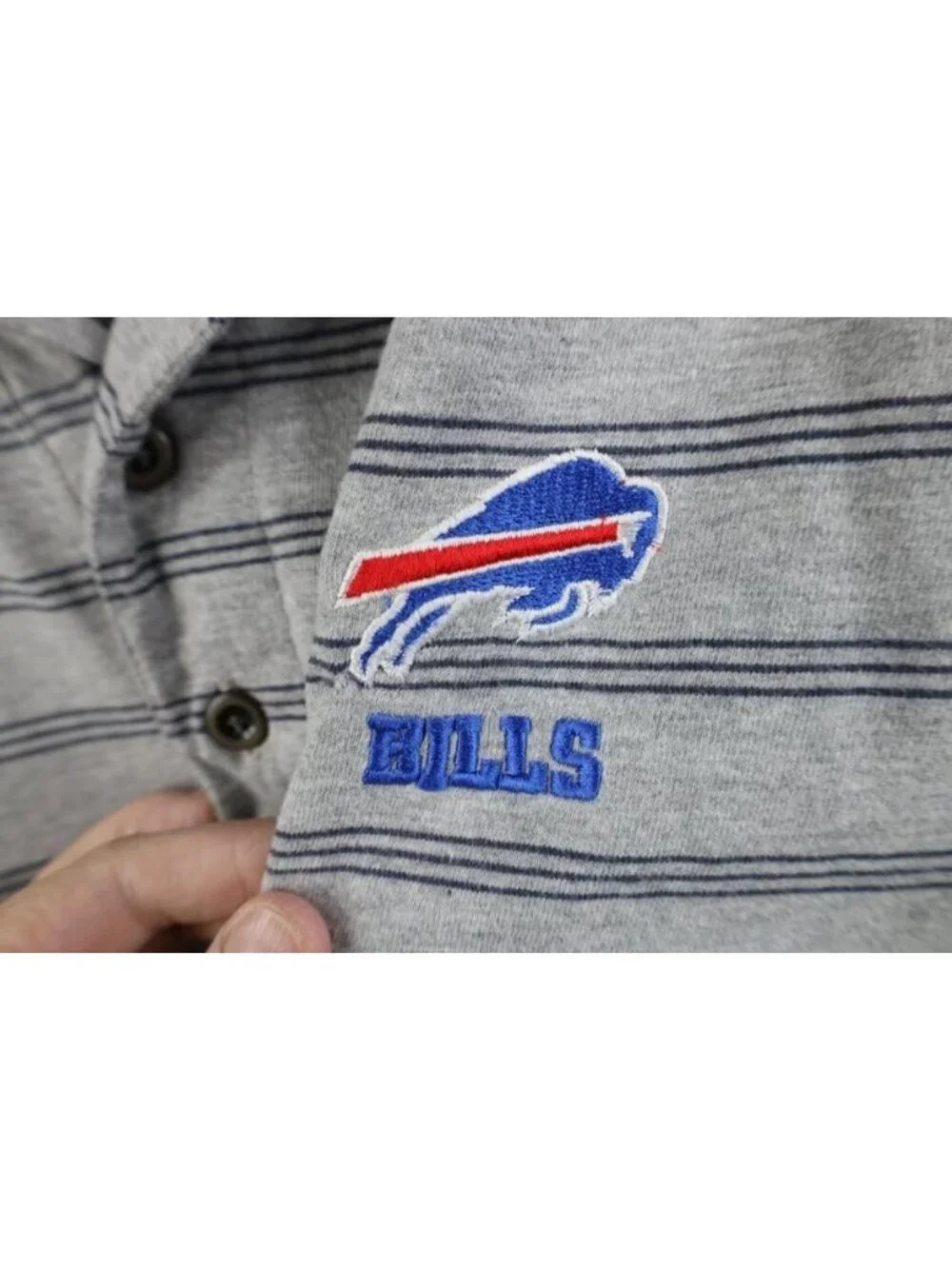 Vintage NFL Mens Size Large Striped Buffalo Bills Football Golf Polo Shirt Gray